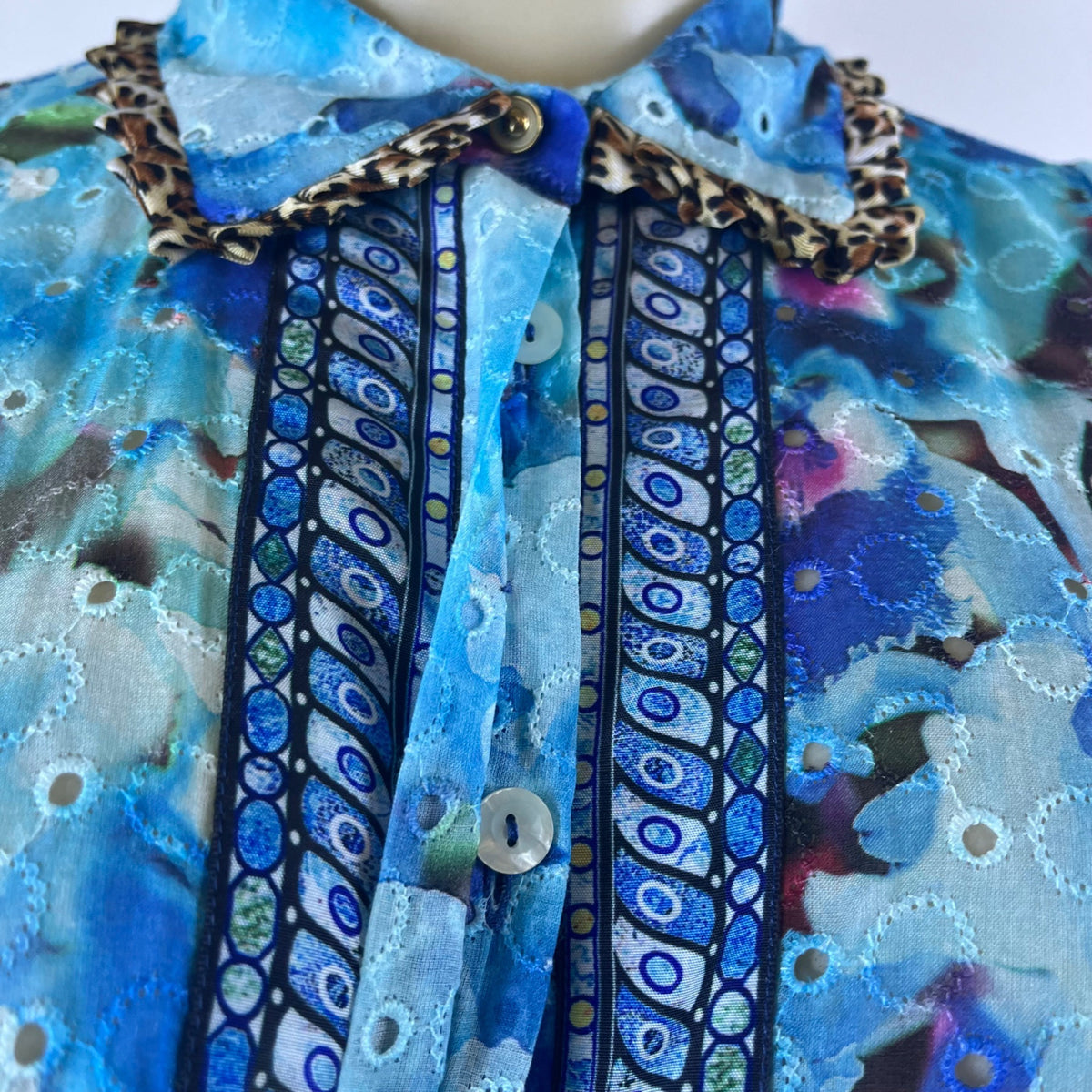 Justcavalli Womens Blue Cotton Printed Blouse Ruffled Sleeves & Leopard Trim 42