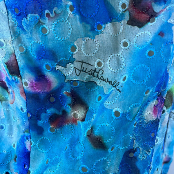 Justcavalli Womens Blue Cotton Printed Blouse Ruffled Sleeves & Leopard Trim 42