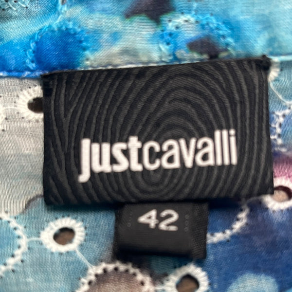 Justcavalli Womens Blue Cotton Printed Blouse Ruffled Sleeves & Leopard Trim 42