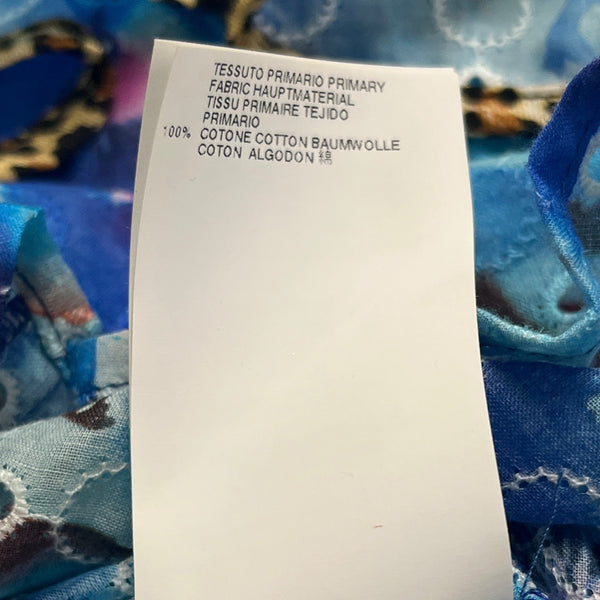 Justcavalli Womens Blue Cotton Printed Blouse Ruffled Sleeves & Leopard Trim 42