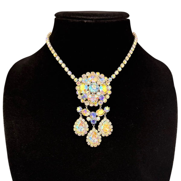 Weiss Womens Aurora Borealis Vintage Necklace & Earrings Set Silver Tone Rhinestones