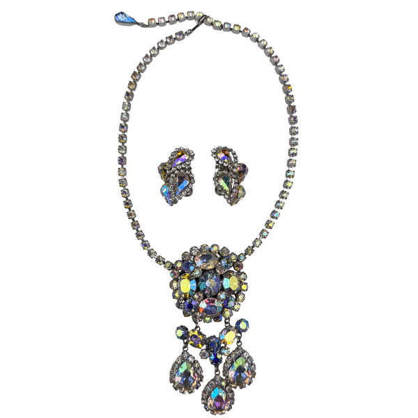 Weiss Womens Aurora Borealis Vintage Necklace & Earrings Set Silver Tone Rhinestones