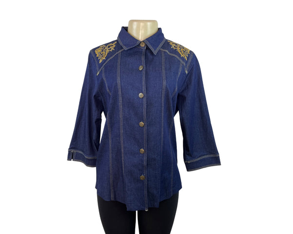 Susan Graver Blue Button-Up Denim Shirt with Gold Shoulder Embroidery Sz S - New