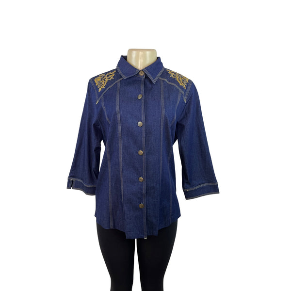 Susan Graver Blue Button-Up Denim Shirt with Gold Shoulder Embroidery Sz S - New