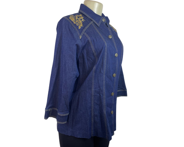 Susan Graver Blue Button-Up Denim Shirt with Gold Shoulder Embroidery Sz S - New