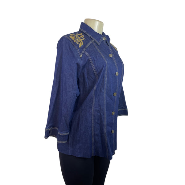 Susan Graver Blue Button-Up Denim Shirt with Gold Shoulder Embroidery Sz S - New