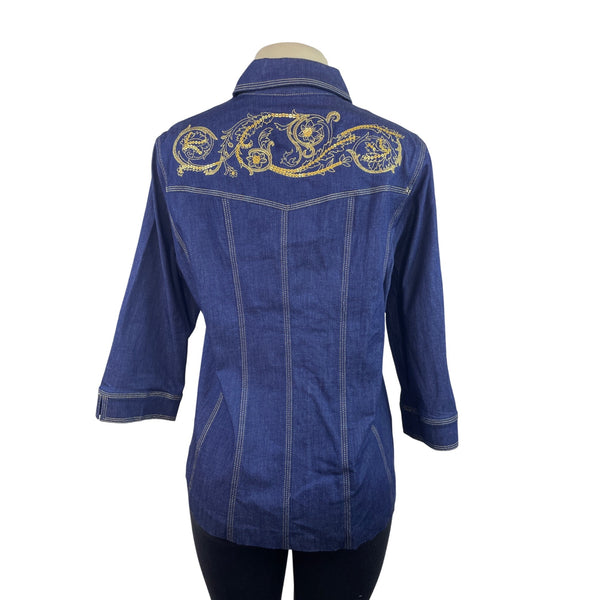 Susan Graver Blue Button-Up Denim Shirt with Gold Shoulder Embroidery Sz S - New