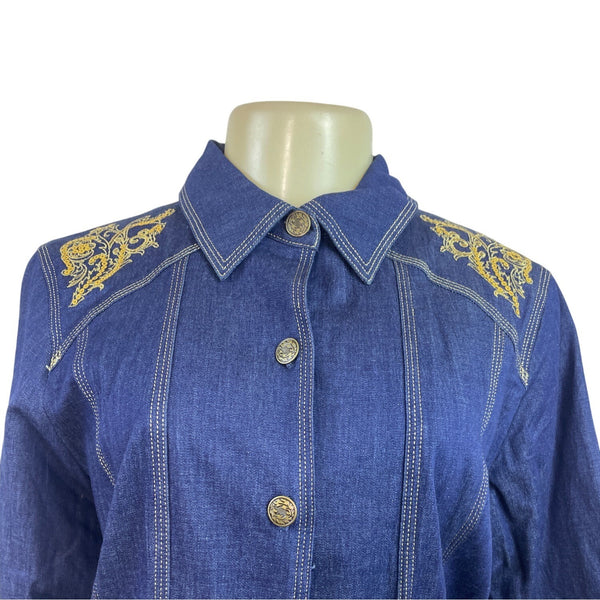 Susan Graver Blue Button-Up Denim Shirt with Gold Shoulder Embroidery Sz S - New