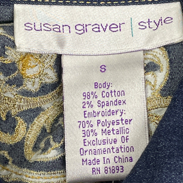 Susan Graver Blue Button-Up Denim Shirt with Gold Shoulder Embroidery Sz S - New