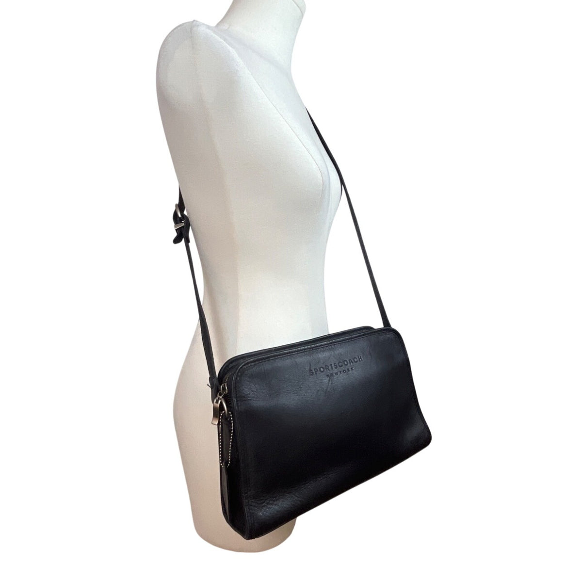 Sportscoach New York Black Leather Crossbody Bag With Zip Closure & Tag Sz M