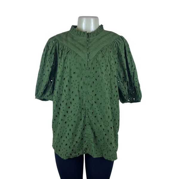 Pretty Garden Women's Green Eyelet Blouse Size L Button-Up Short Sleeves - New