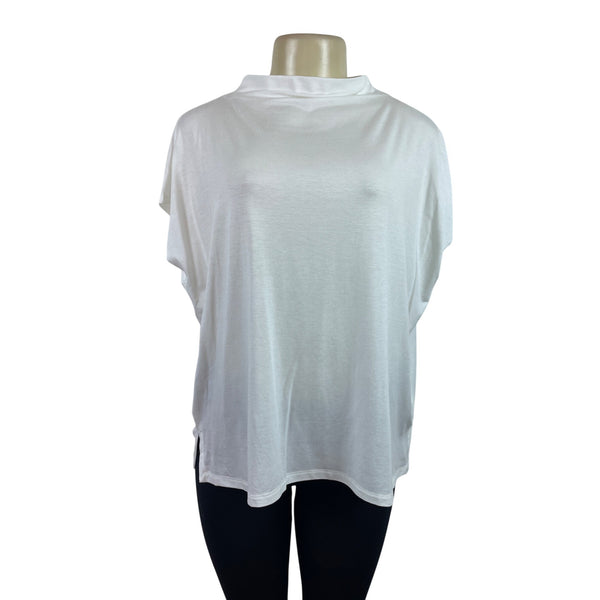 Eileen Fisher White Mock Neck Short Sleeve Top Womens Relaxed Fit Size S/P