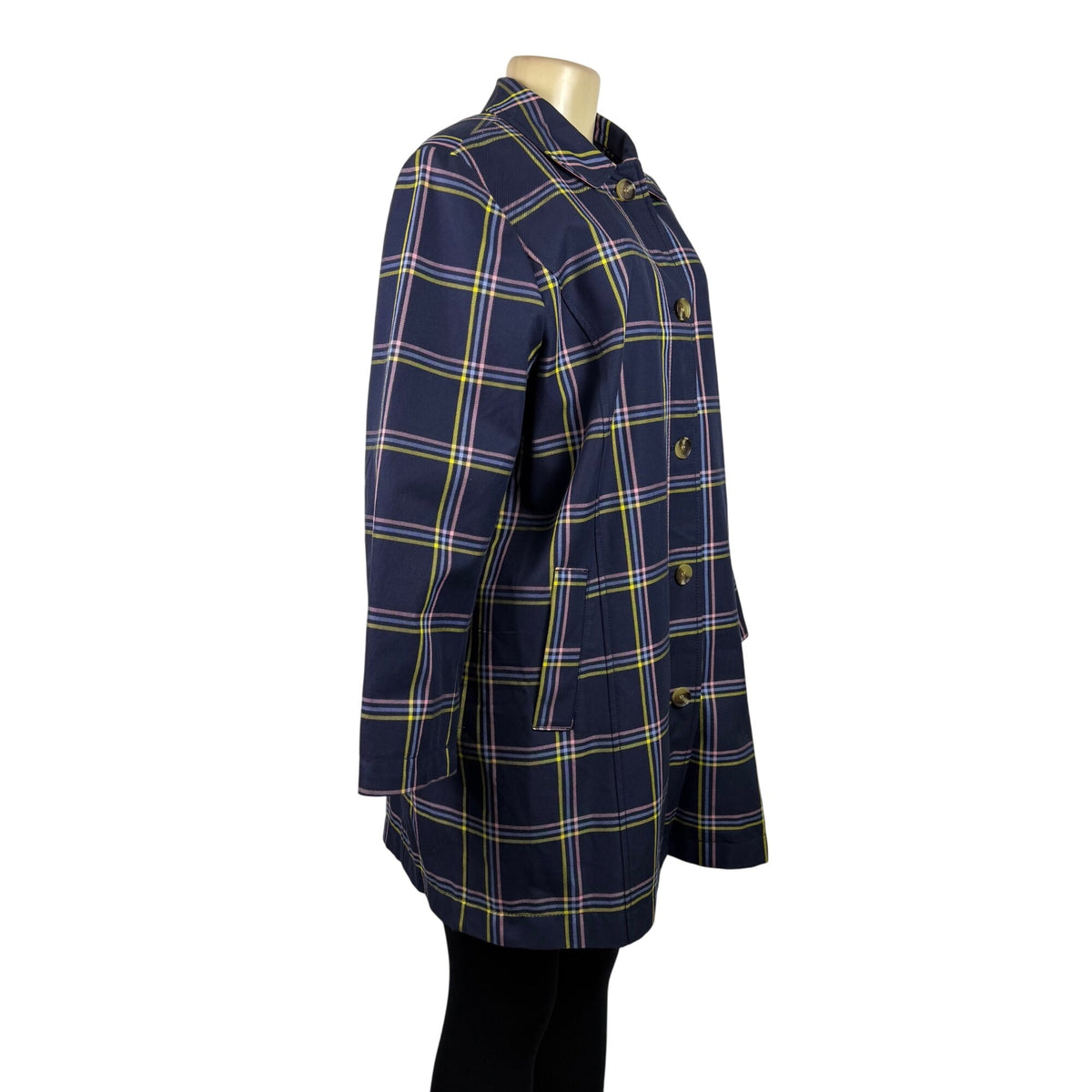 Talbots Womens Navy Plaid Polyester Button-Up Coat Petite Classic Collar Sz XL