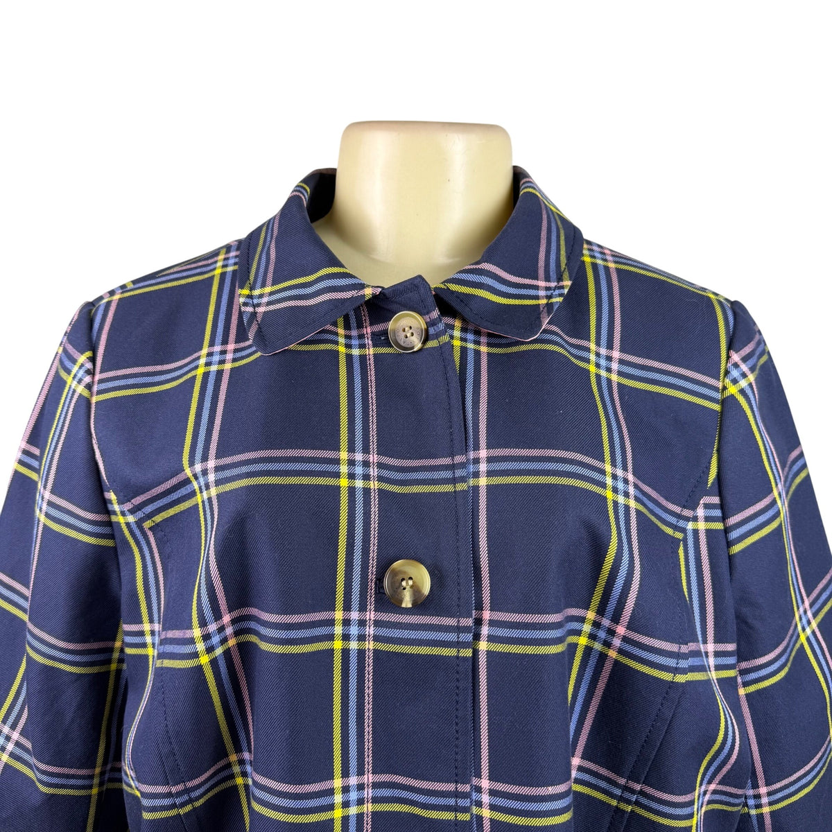 Talbots Womens Navy Plaid Polyester Button-Up Coat Petite Classic Collar Sz XL