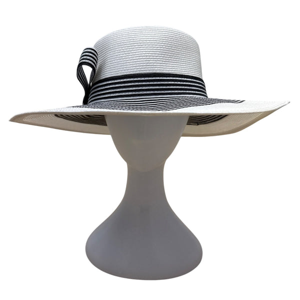 White & Black Striped Wide-Brim Sun Hat With Bow Detail