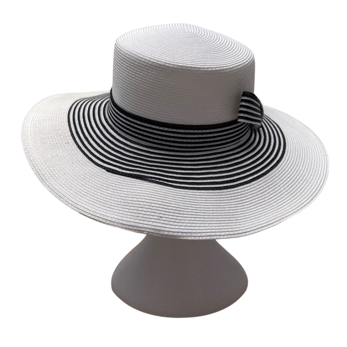White & Black Striped Wide-Brim Sun Hat With Bow Detail