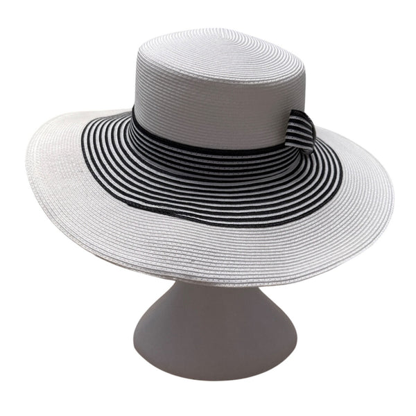 White & Black Striped Wide-Brim Sun Hat With Bow Detail