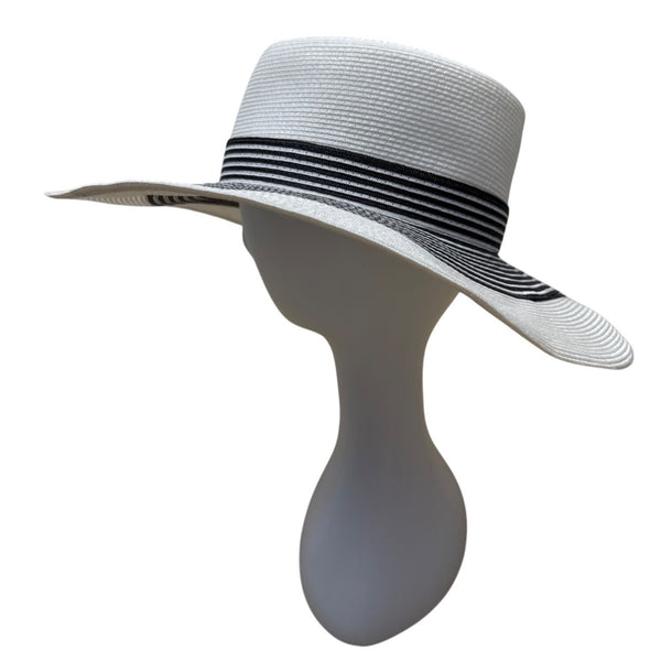 White & Black Striped Wide-Brim Sun Hat With Bow Detail