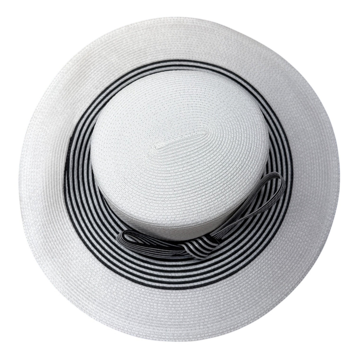 White & Black Striped Wide-Brim Sun Hat With Bow Detail