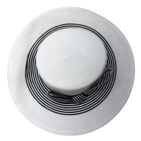 White & Black Striped Wide-Brim Sun Hat With Bow Detail