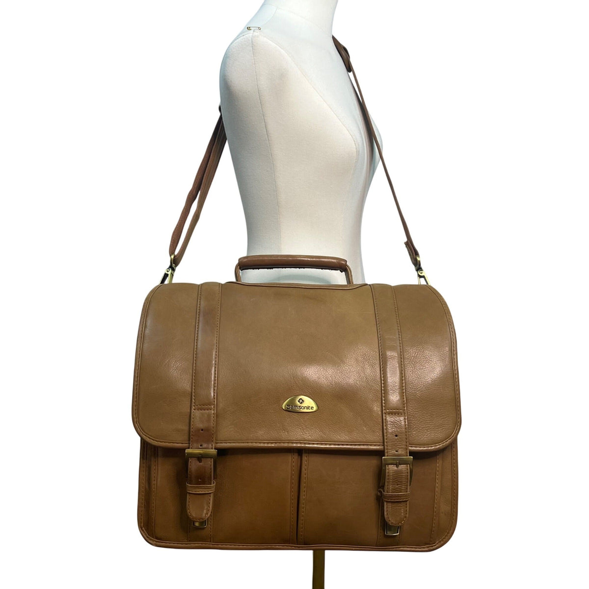 Vintage Samsonite Brown Leather Adjustable Shoulder Strap & Top Handle Messenger Bag