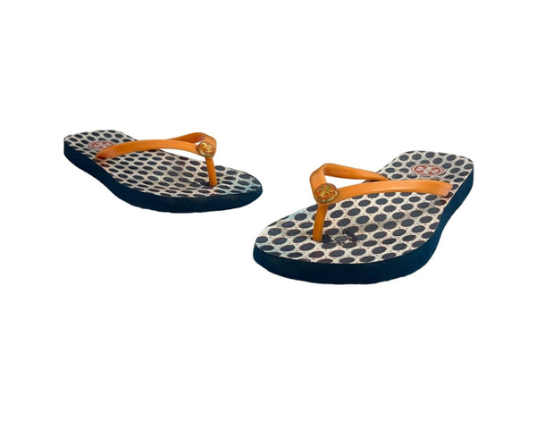 Tory Burch Women's White And Blue Sandals with Iconic Logo Sz S