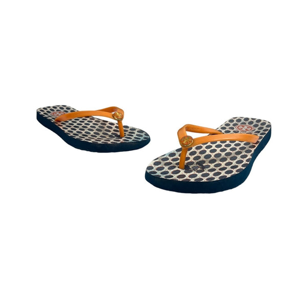 Tory Burch Women's White And Blue Sandals with Iconic Logo Sz S
