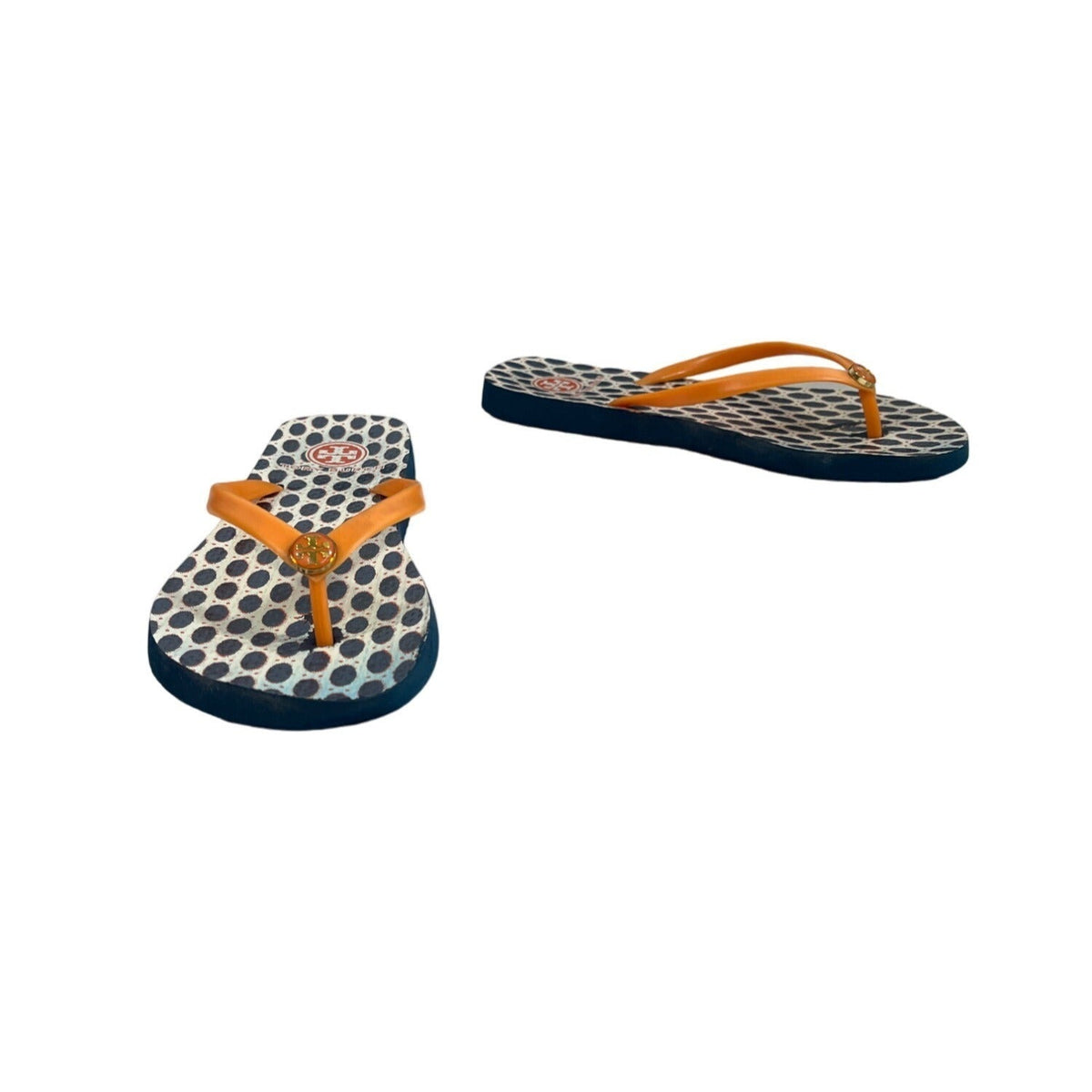 Tory Burch Women's White And Blue Sandals with Iconic Logo Sz S