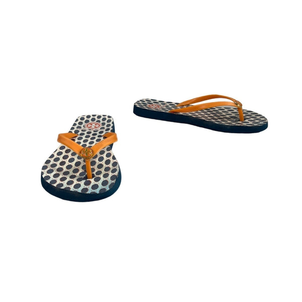 Tory Burch Women's White And Blue Sandals with Iconic Logo Sz S