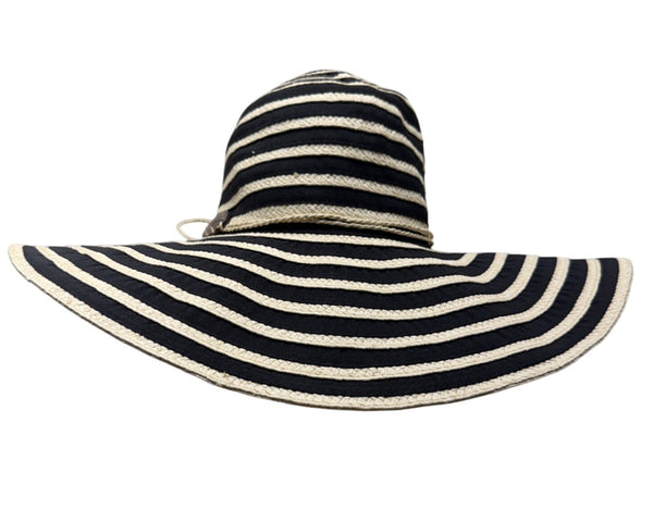 Women's Panama Jack Black & Beige Striped Wide Brim Sun Hat Coconut Shell