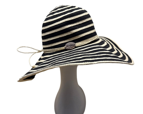 Women's Panama Jack Black & Beige Striped Wide Brim Sun Hat Coconut Shell