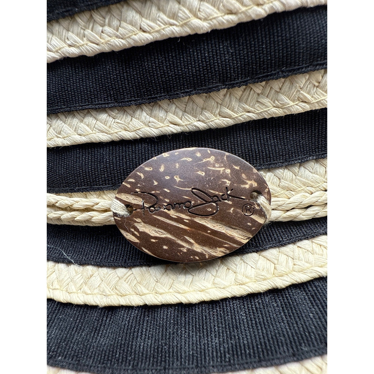 Women's Panama Jack Black & Beige Striped Wide Brim Sun Hat Coconut Shell