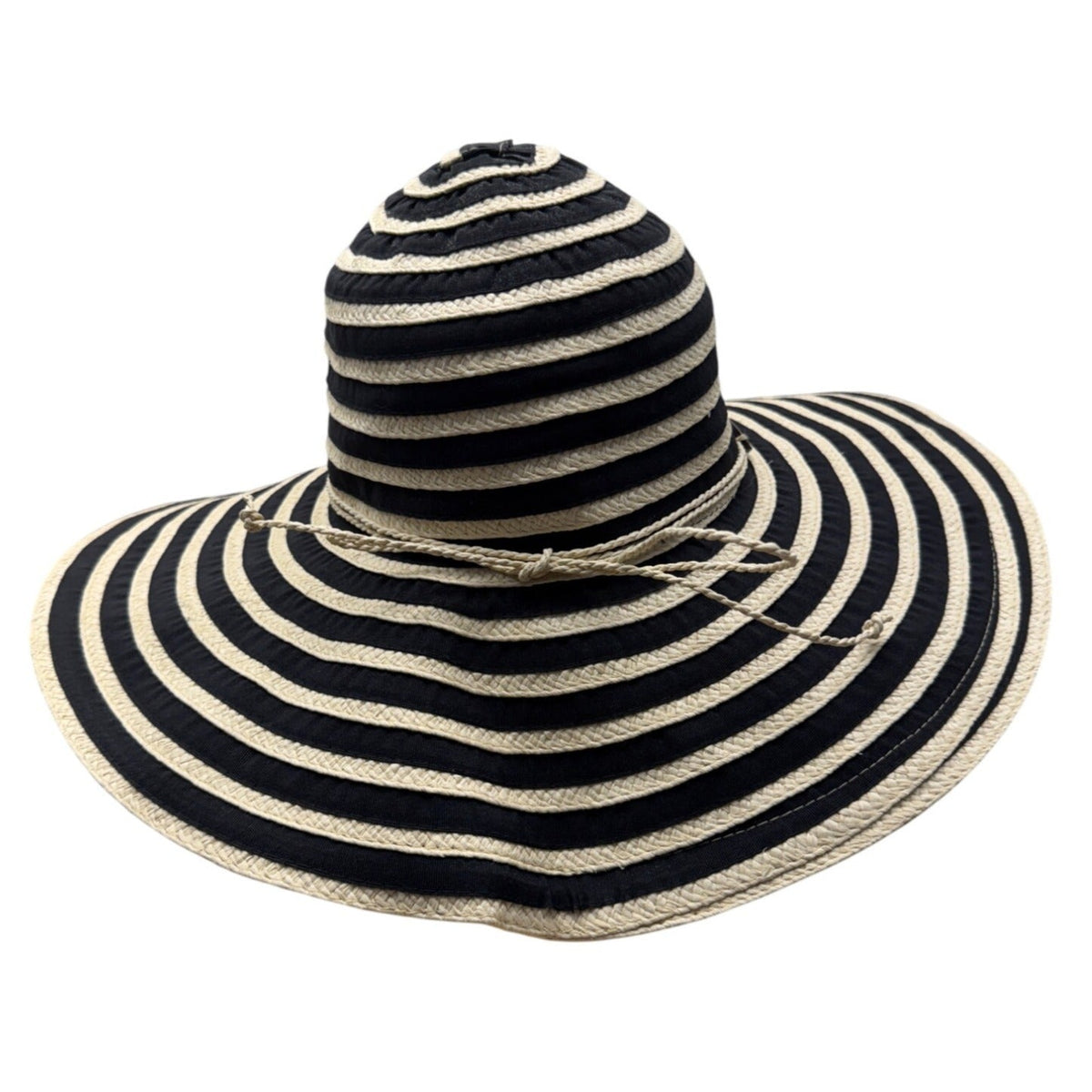Women's Panama Jack Black & Beige Striped Wide Brim Sun Hat Coconut Shell