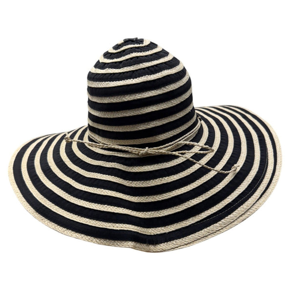 Women's Panama Jack Black & Beige Striped Wide Brim Sun Hat Coconut Shell