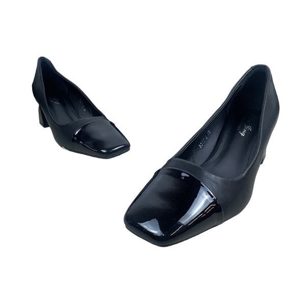 Xin Jing Women's Black Leather Squared Cap Toe Dress Pumps Sz 7 - NWOB