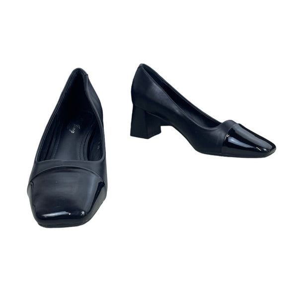 Xin Jing Women's Black Leather Squared Cap Toe Dress Pumps Sz 7 - NWOB