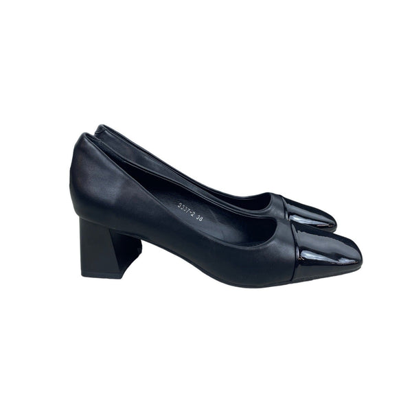 Xin Jing Women's Black Leather Squared Cap Toe Dress Pumps Sz 7 - NWOB