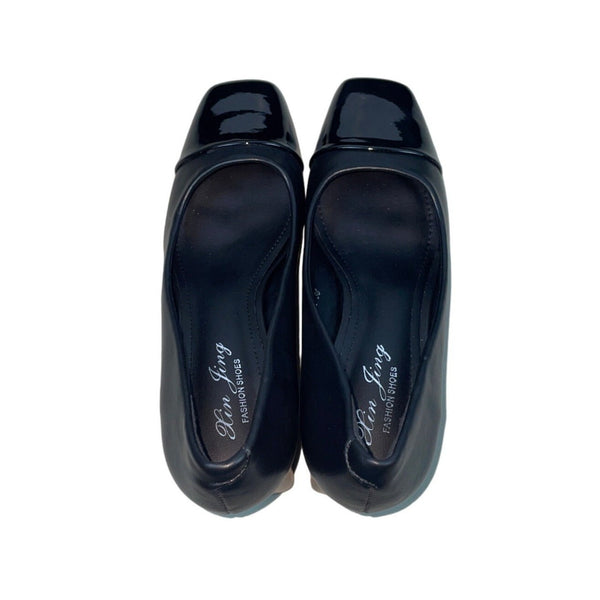 Xin Jing Women's Black Leather Squared Cap Toe Dress Pumps Sz 7 - NWOB