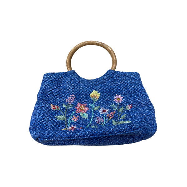 Woven Blue Straw Tote Bag Womens Floral Embroidery With Bamboo Handles