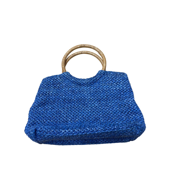 Woven Blue Straw Tote Bag Womens Floral Embroidery With Bamboo Handles