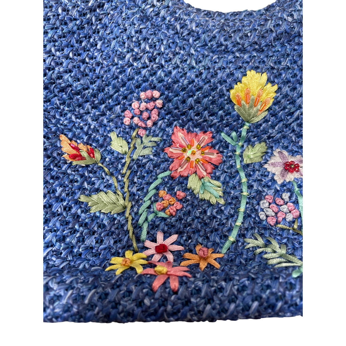 Woven Blue Straw Tote Bag Womens Floral Embroidery With Bamboo Handles