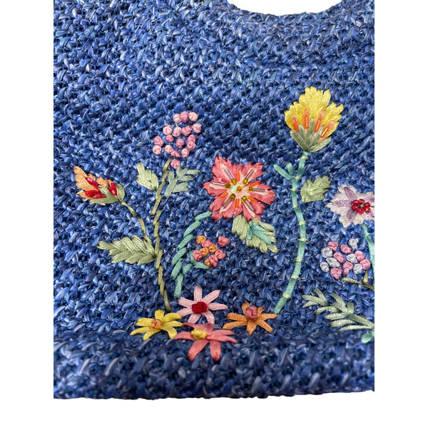 Woven Blue Straw Tote Bag Womens Floral Embroidery With Bamboo Handles