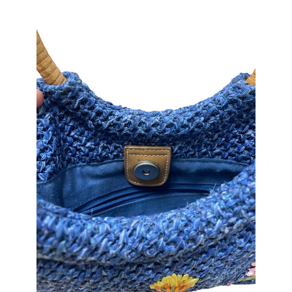 Woven Blue Straw Tote Bag Womens Floral Embroidery With Bamboo Handles