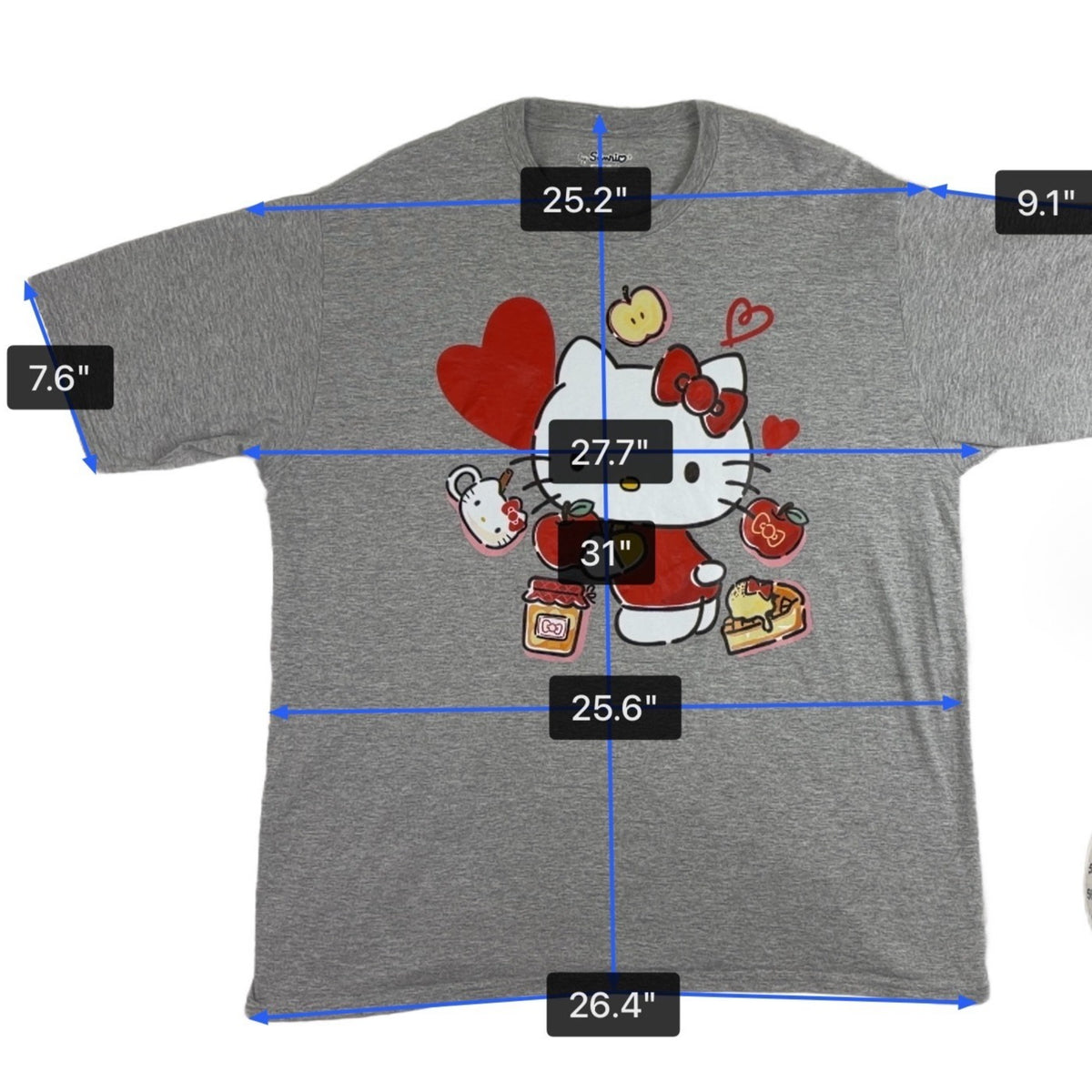 Sanrio Unisex Gray Hello Kitty Graphic T-Shirt With Hearts & Apples