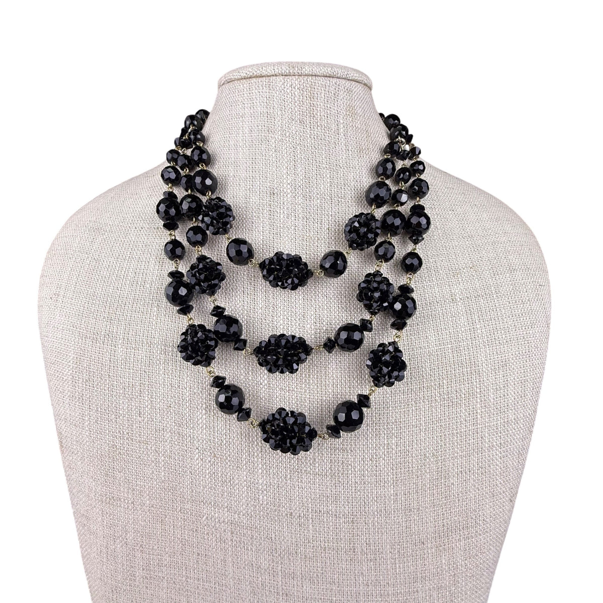 Vintage Multistrand Black Faceted Beaded Necklace Elegant Gold Tone Hook Closure