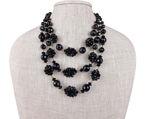 Vintage Multistrand Black Faceted Beaded Necklace Elegant Gold Tone Hook Closure