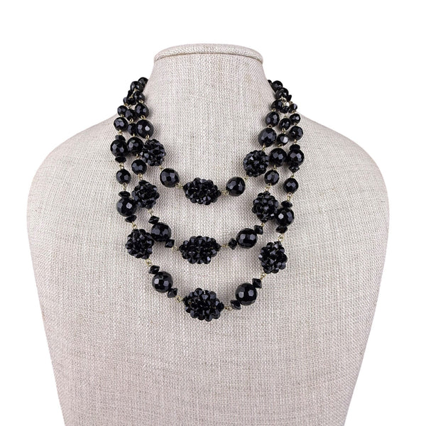 Vintage Multistrand Black Faceted Beaded Necklace Elegant Gold Tone Hook Closure