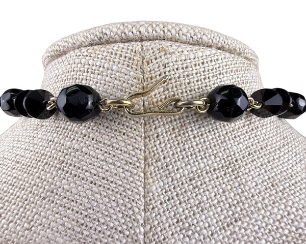 Vintage Multistrand Black Faceted Beaded Necklace Elegant Gold Tone Hook Closure