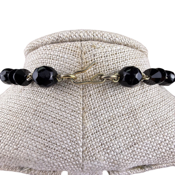 Vintage Multistrand Black Faceted Beaded Necklace Elegant Gold Tone Hook Closure