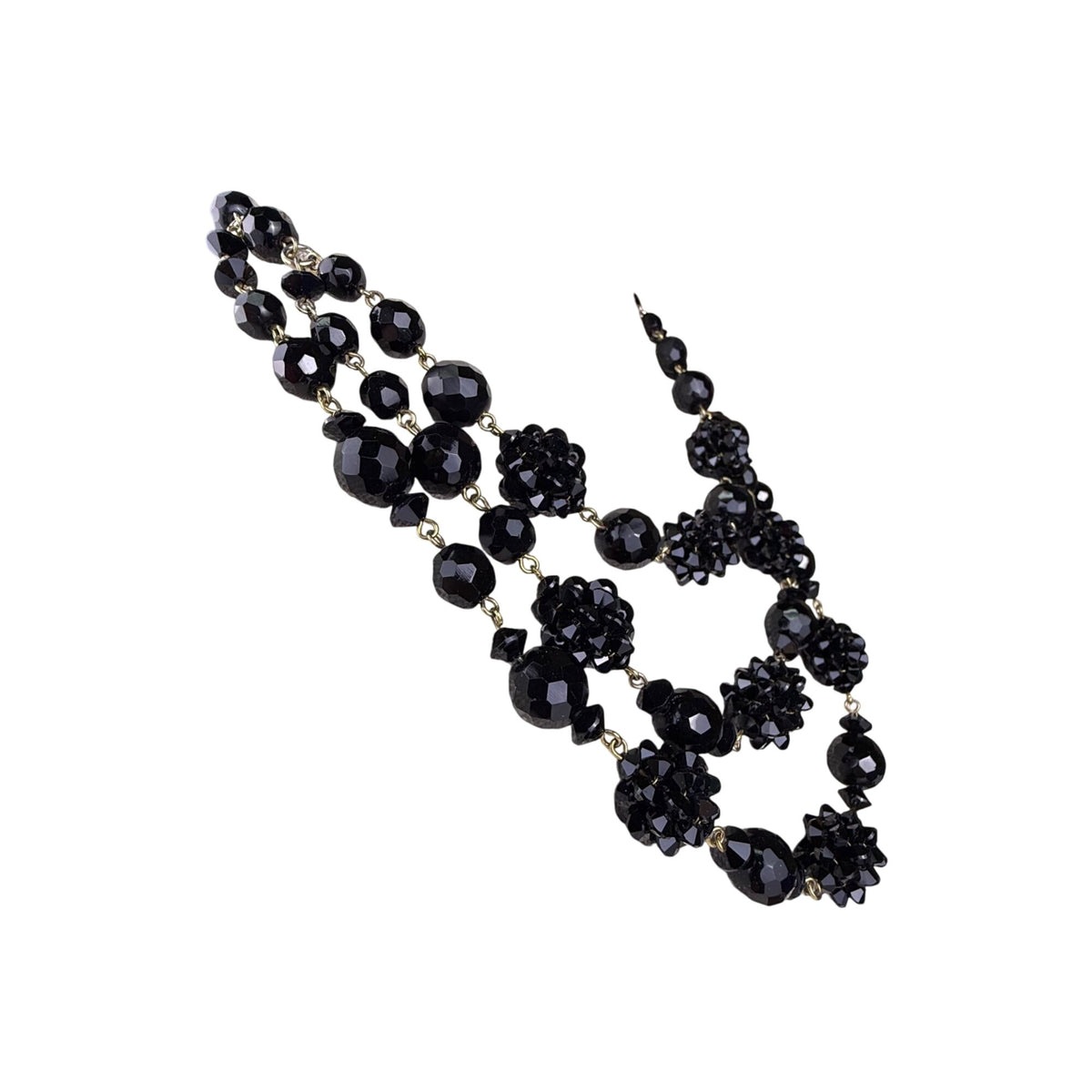 Vintage Multistrand Black Faceted Beaded Necklace Elegant Gold Tone Hook Closure